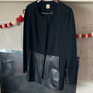 ecru Collarless Long Black Jacket w Genuine Leather front/sleeve accents Size 12